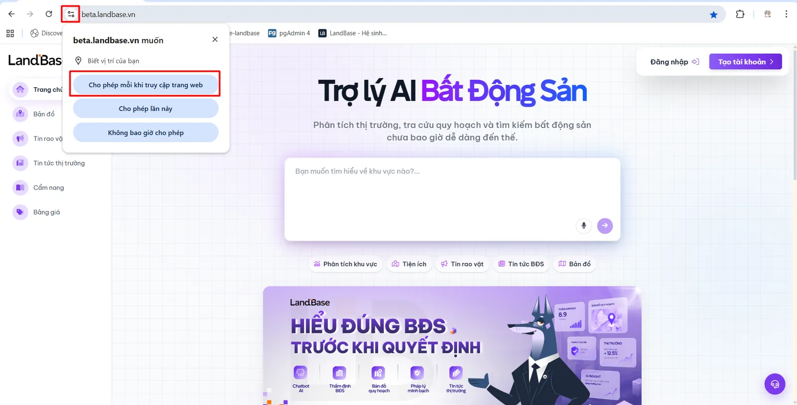 Cấp quyền vị trí cho LandBase trên trình duyệt