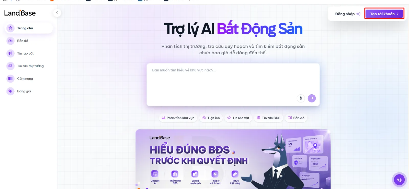 Nút Tạo tài khoản trên giao diện trang chủ