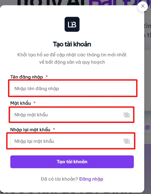 Các trường thông tin đăng ký tài khoản
