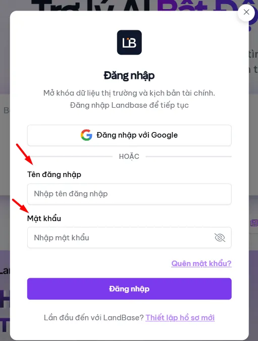 Cửa sổ Đăng nhập và các trường thông tin