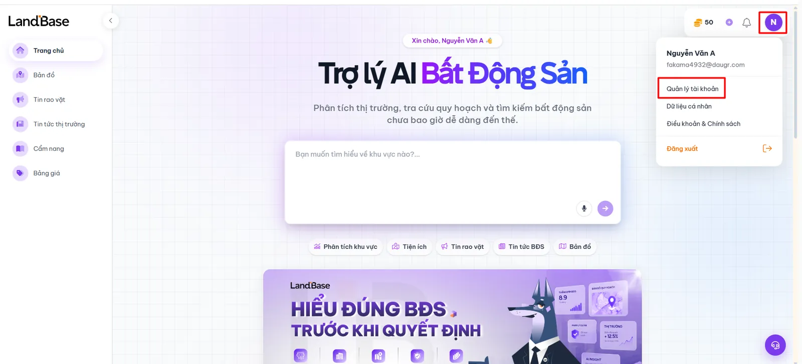 Menu tài khoản và lối vào Tổng quan tài khoản