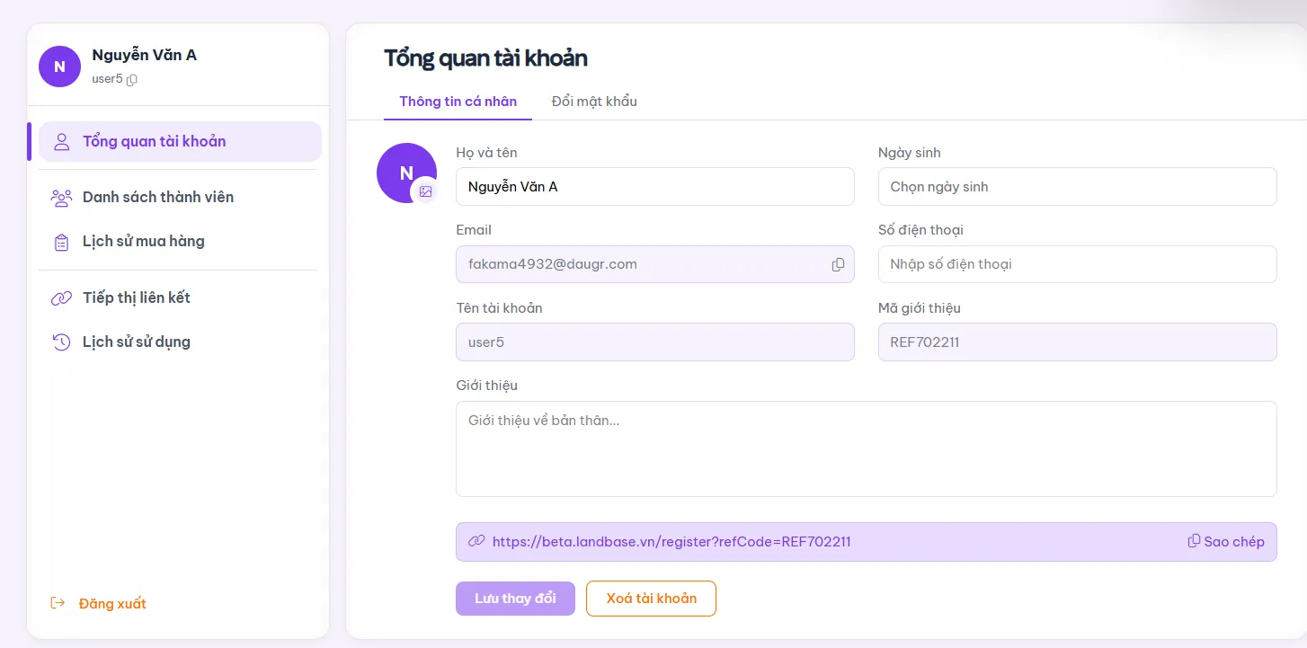 Giao diện cập nhật thông tin cá nhân