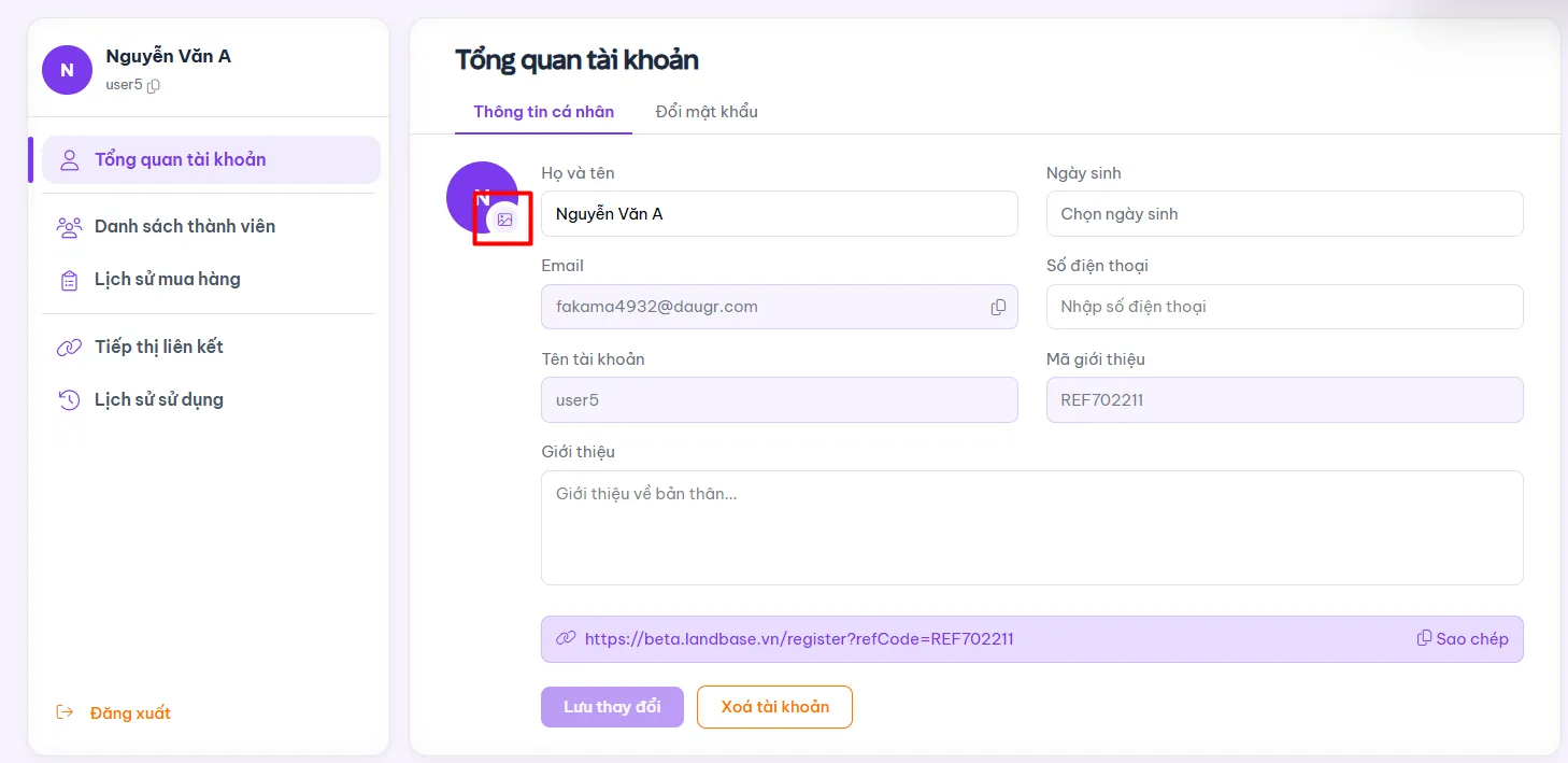 Nút cập nhật ảnh đại diện trong hồ sơ cá nhân
