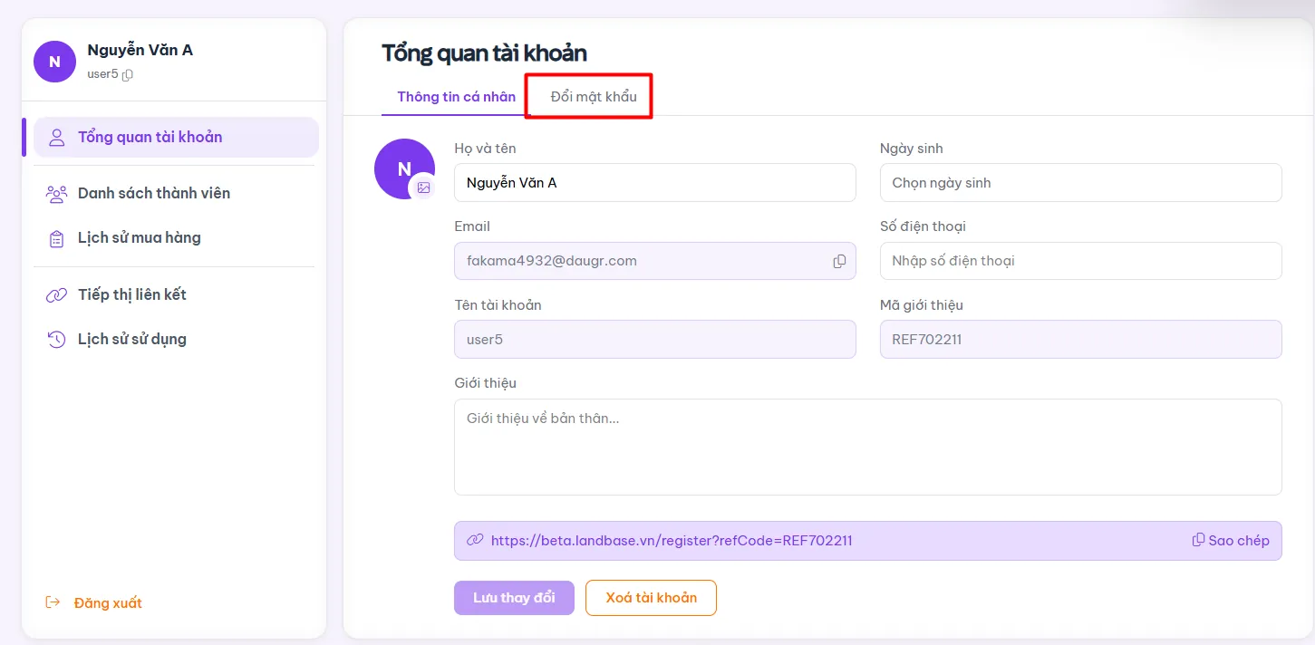 Tab Đổi mật khẩu trong Tổng quan tài khoản