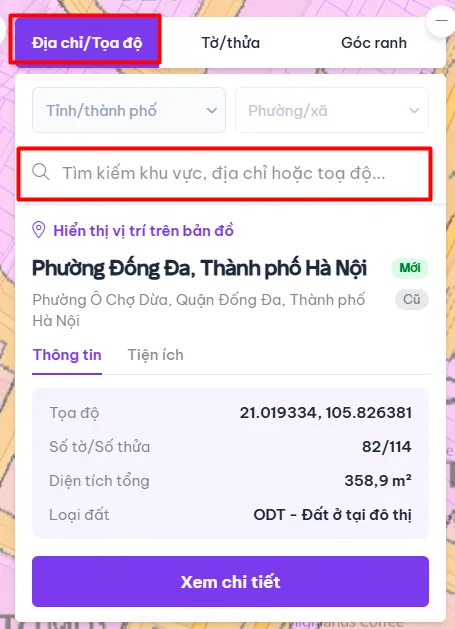 Ô tìm kiếm địa chỉ hoặc tọa độ trên bản đồ