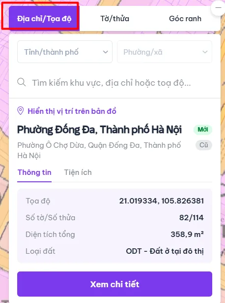 Tab Địa chỉ/Tọa độ khi tra cứu theo đơn vị hành chính