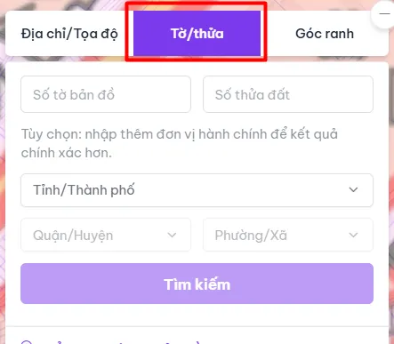 Tab Tờ/Thửa trên khung tìm kiếm