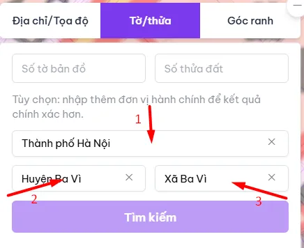 Chọn đơn vị hành chính khi tra cứu Tờ/Thửa