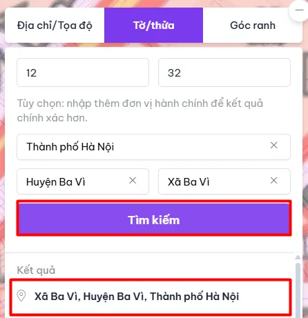 Kết quả tra cứu vị trí thửa đất