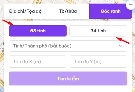 Chọn hệ tọa độ theo 63 tỉnh hoặc 34 tỉnh