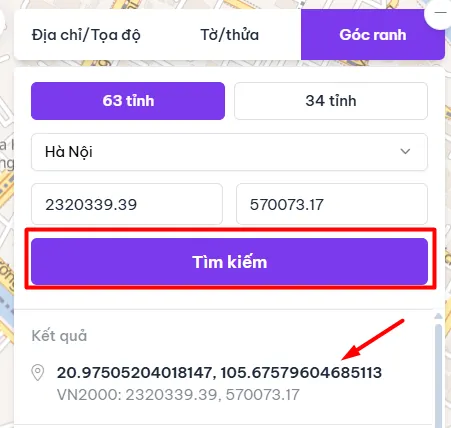 Kết quả tra cứu tọa độ góc ranh