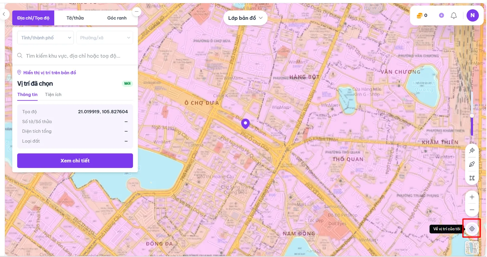 Nút định vị nhanh và vị trí người dùng trên bản đồ