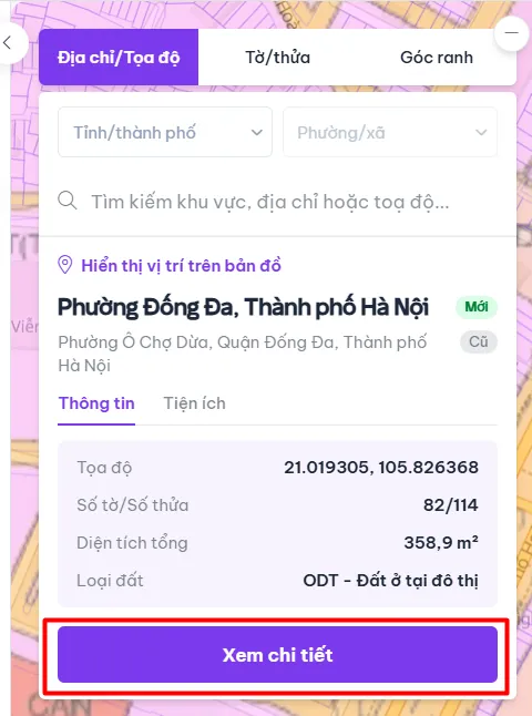 Nút Xem chi tiết để mở thông tin bất động sản