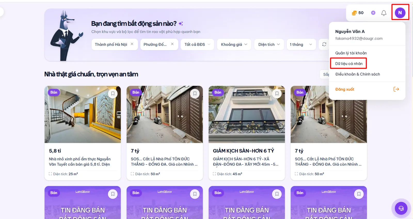 Menu Dữ liệu cá nhân để xem tin rao đã lưu