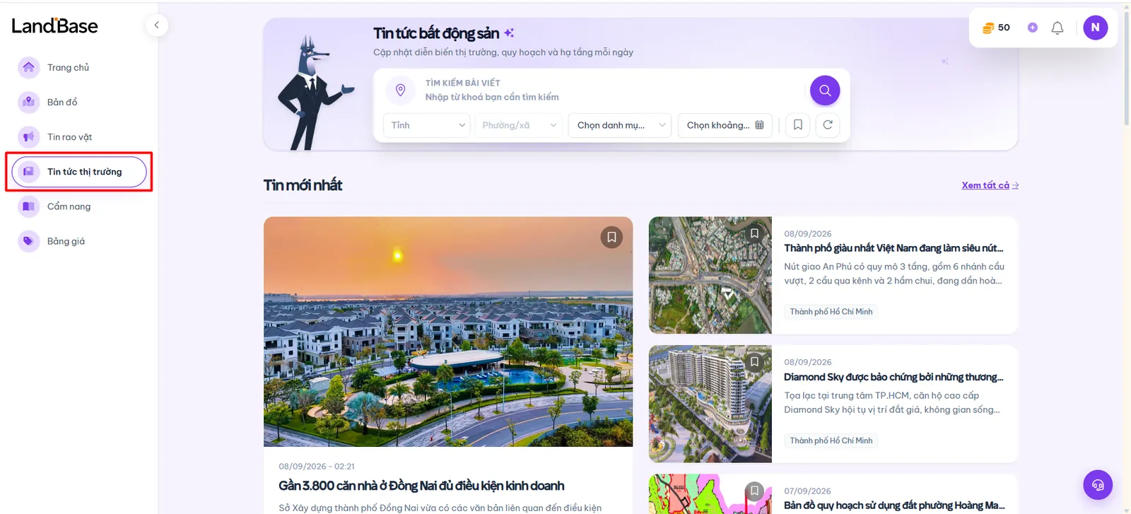 Menu truy cập Tin tức thị trường