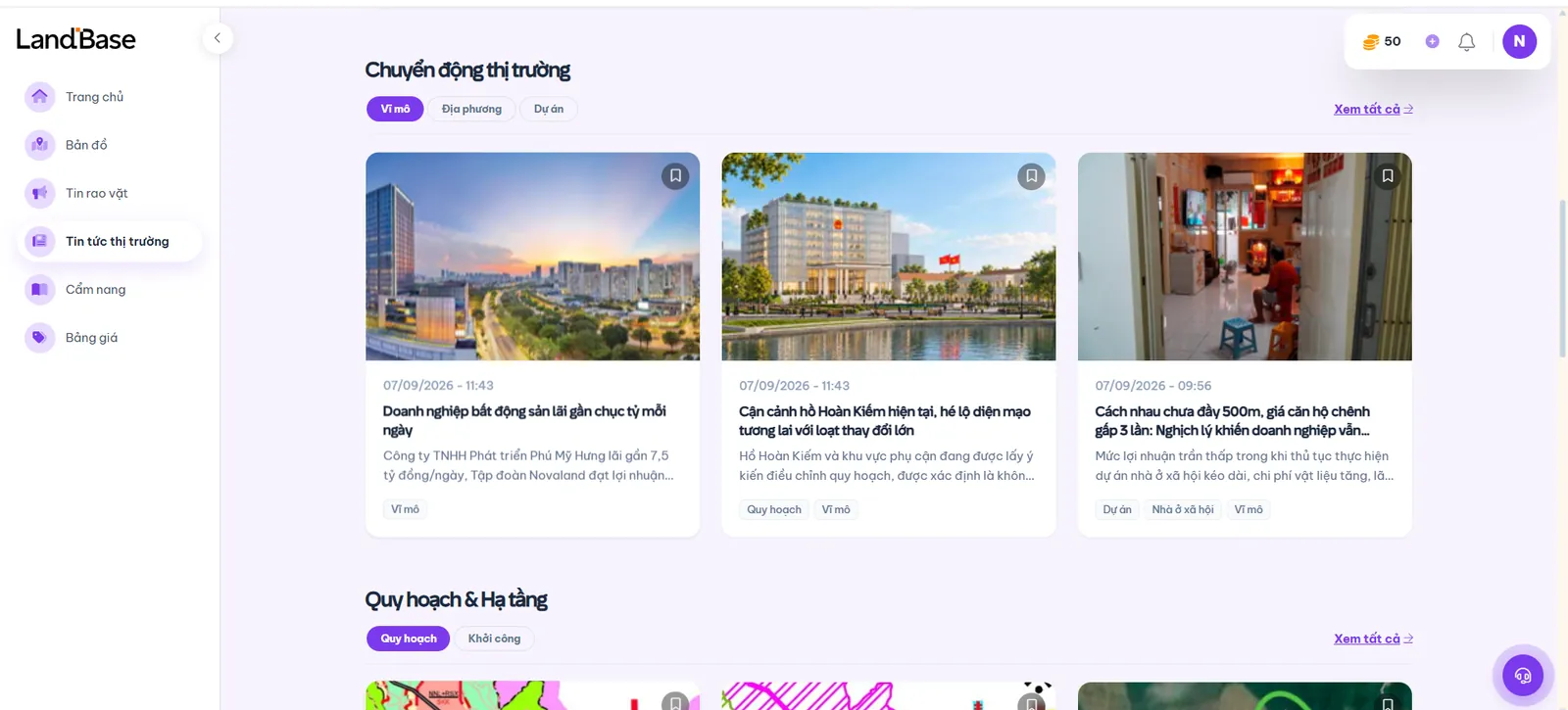 Giao diện chuyên mục Tin tức thị trường