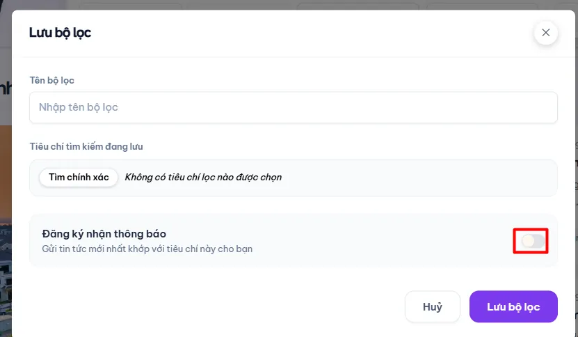 Hộp thoại lưu bộ lọc và đăng ký nhận thông báo