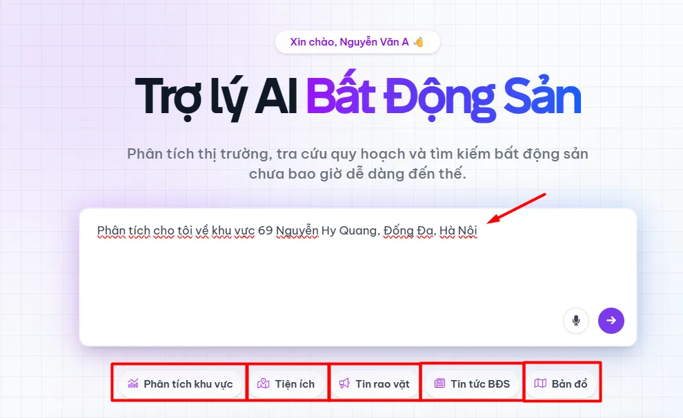 Nhập câu hỏi và lựa chọn prompt nhanh cho Trợ lý AI